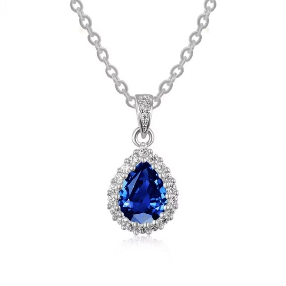 NEW 14k White Gold Blue Sapphire Diamond Necklace Tear Drop Pear Cut Pendant - Picture 3 of 5